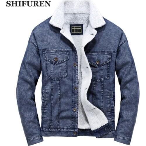 SHIFUREN Jacket Jeans Men 2018 Winter Thicken Warm Fleece Lining Denim Jacket Coats Outwear Loose Male Cowboy Clothes Size M-3XL