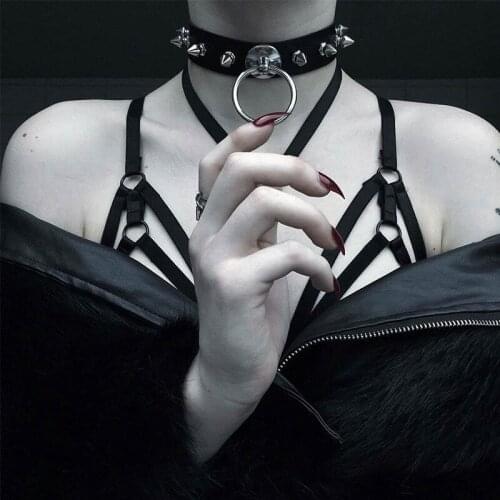 New Personality Leather Necklace Punk Style Women Gothic Accessories Sexy PU Necklet with Metal Ring Rivets