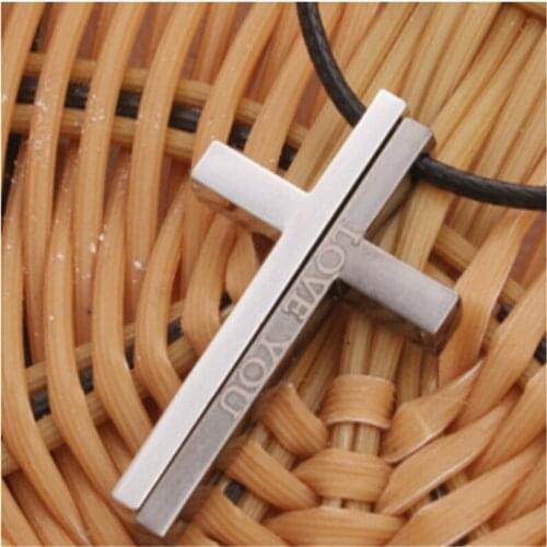 Half of Cross Bible Pendant Necklace Women Engraved Love You Silver Blue Stainless Steel Necklace Men Statement Jewelry