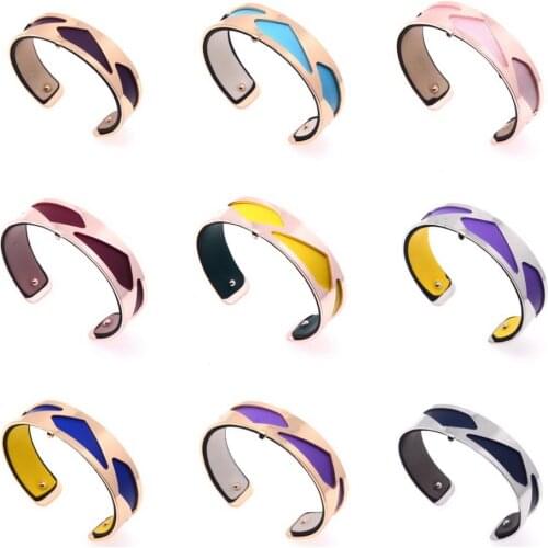 15mm Reversible Leather Cuff Manchette Finition Argentée Dorée Rose Bangles Cuir Insert Switch Color Interchangeable Bracelets