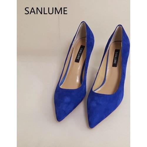 SANLUME Blue Suede Women Fashion High heels Real leather Pumps Lady office shoes heels inside Sheepskin Pointed Toe