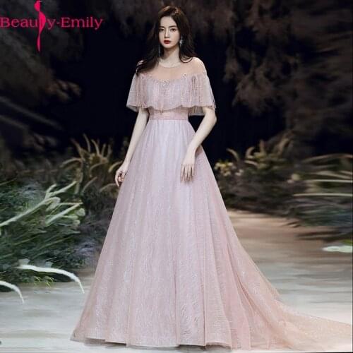 Elegant O Neck Short Sleeve Sequined Lace Evening Dress Long A-line Floor Length Pink Customized Formal Party Dress Real Photo