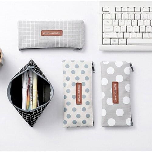 1Pcs Kawaii Pencil Case Canvas Striped Grid Pen Bag Pouch for Office Students Kids Simple Large Capacity Stationery Bag
