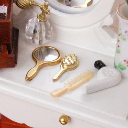 4 Pieces Dolls House Miniature 1:12 Plastic Hair Dryer, Mirror & Comb Bedroom Set Dolls Accessories
