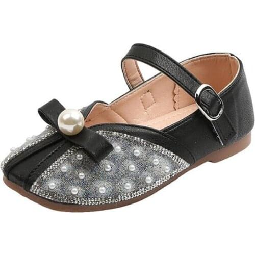 Princess Kids Leather Shoes for Girls Flower Casual Glitter Children Flat Heel Girls Shoes Butterfly Knot Blue Pink Beige