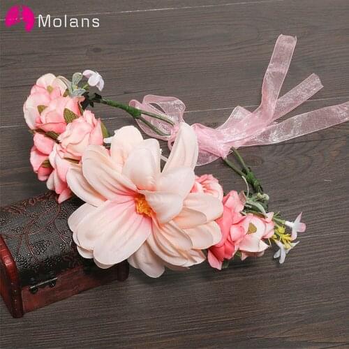 MOLANS Exquisite Peony Flower Wreath Bow Ribbon Floral Crown for Girls Manual Stimulation Leaf Rattan Women Wedding Headpiece