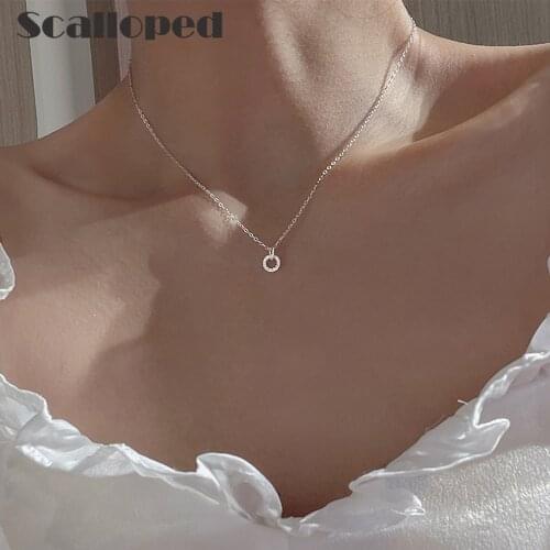 SCALLOPED Trendy Simple Circle Pendant Necklace For Women 2021 Summer New Luxurious Sparkling White Zircon Charm Choker Jewelry