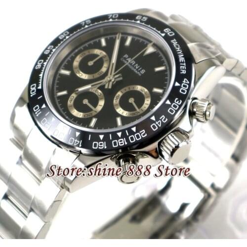 39mm PARNIS Sapphire Crystal Solid Full Chronograph Quartz Wrist Watches Mens Watch