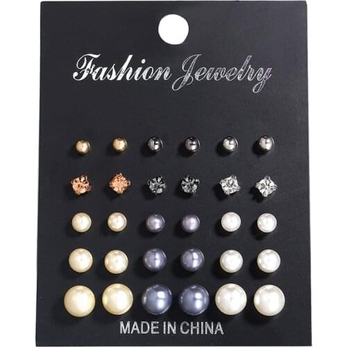 30pc/set Card Flowers Crystal Stud Earrings Set New Rhinestone Black imitation Pearl Earrings for Women Bride Jewelry