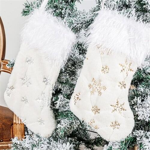 New Year Christmas Stocking Xmas Gift Snowflakes Embroidered White Plush Christmas Decorations For Sock Christmas Tree Deco