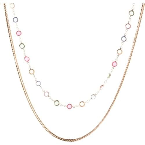 2ps/Set Bohemian Colorful Gemstone Clavicle Necklace Alloy Gold Chains Long Necklaces Rhinestone Jewelry Accessories Gifts