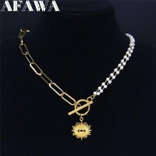 Hip Hop Stainless Steel Pearl Chain Necklace Islam Turkey Eye Women Gold Color Necklace Jewelry collar personalizado NK136S03