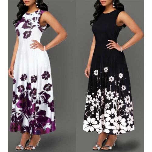 Large Size Elegant Womens Floral Print Long Maxi Dress Evening Party Beach Dress Summer Sleeveless Long Flower Sundress Costume