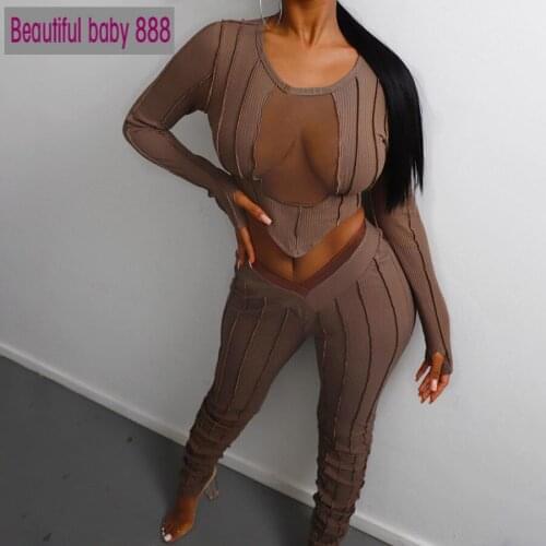 Meqeiss Sexy See Through Patchwork Tops Leggings Two Piece Sets Women Autumn Winter Street Casuale Tee shirts Pants Suits Female