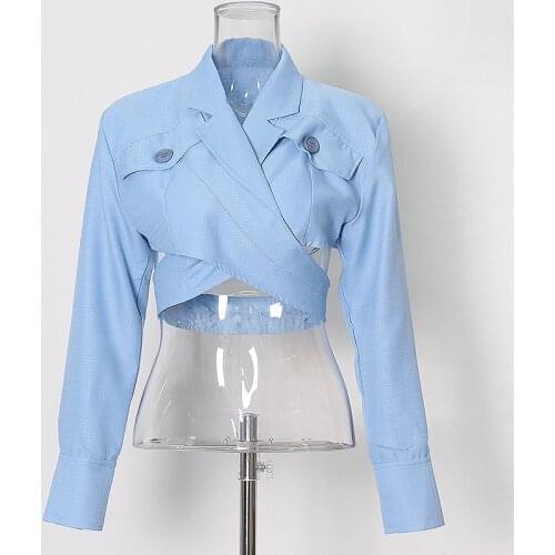 Chic Womens Hollow-out Waist Long Sleeve Blazer Super Short Solid Blue Suit Blazer Top