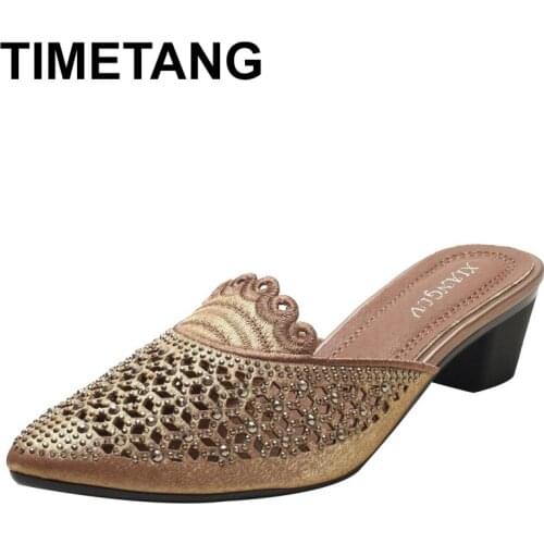 TIMETANG Baotou half slippers womens outer wear summer new style thick with rhinestone pointed toe fashion ladies high-heeled