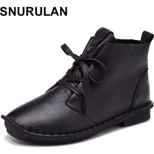 SNURULAN Size 35-40 High-Top Shoes 2017 Spring Fashion Soft Genuine Leather Women Boots Lace Up Flat Ankle Boots Casual Shoes