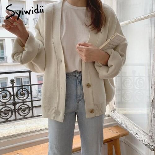 Syiwidii Cardigan Women Sweater V Neck Button Up Knitted Oversized Jackets Fall Winter 2021 New Coats Brown Black Beige Khaki