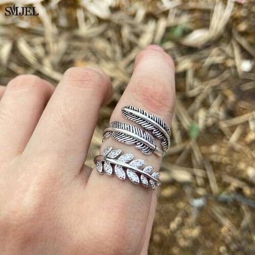 Vintage Crystal Leaf Cuff Rings Fashion Thai Silver Color Not Allergic Personality Feathers Arrow Opening Rings Wholesale bijoux