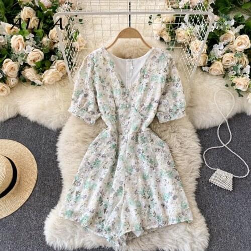 Women Beach Playsuits New Summer V-neck Sexy High Waist Wide Leg Pants Romper Woman Sweet Floral Embroidery Bodycon Romper