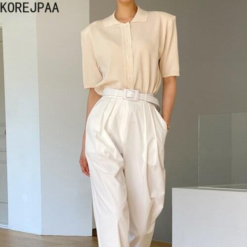 Korejpaa Women Sets 2021 Summer Korean Chic Temperament Lapel Single-Breasted Knit Sweater High-Waist Straight-Leg Casual Pants