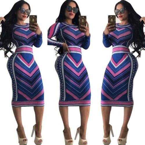 2019 Print Sexy Bodycon Dress Women O-neck Long Sleeve Ankle-length Office Pencil Midi Dress Casual Slim Bandage Party Dresses