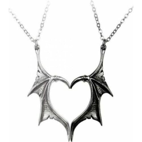 2Pcs Vinatge Bat Wing Heart Couples Pendant Necklace Set Lovers Fashion Jewerly