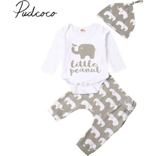 2019 Baby Spring Autumn Clothing Newborn Infant Baby Girl Boy Clothes Long Sleeve Romper Elephant Pants Hat 3Pcs Set Outfits