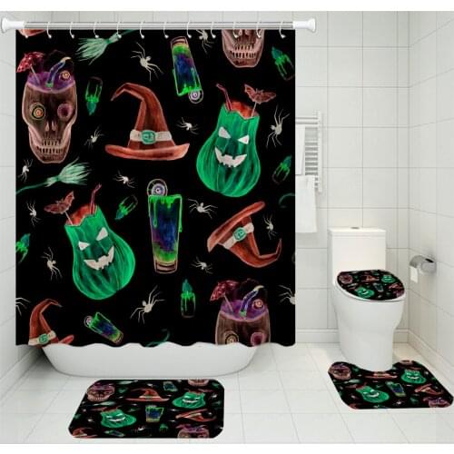 4 Pieces Curtains Classic Skulls Shower Curtain Halloween Hat Toilet Mat Bath Sets Washable U-shaped Pad Pumpkin Floor Rugs