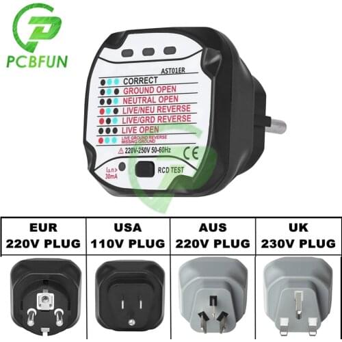 AST01 Socket Tester EU US UK Plug RCD GFCI Test Outlet Detector Ground Zero Line Plug Polarity Phase Check Wall Plug Check Power