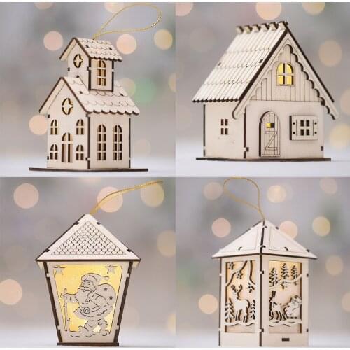 Behogar Cute Christmas Tree Wood House LED Light Hanging Ornaments Christmas Xmas Festival Party Decorations