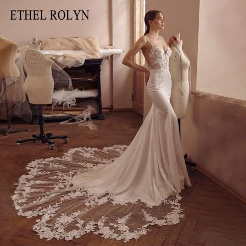 ETHEL ROLYN Mermaid Wedding Dress 2021 Classy Beaded Sweethear Embroidery Lace Backless Bride Spaghetti Straps Satin Bridal Gown