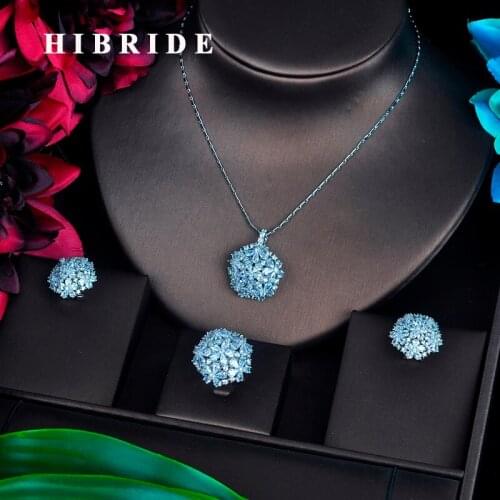 HIBRIDE Sparkling Cubic Zirconia Jewelry Set For Women White Gold Color Necklace Earring Ring Jewelry Set Party Gifts N-512