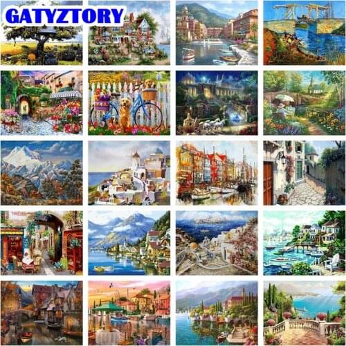 GATYZTORY Oil Painting By Number Seaside House On Canvas HandPainted Art Gift DIY Paint By Number Kit Home Decoration