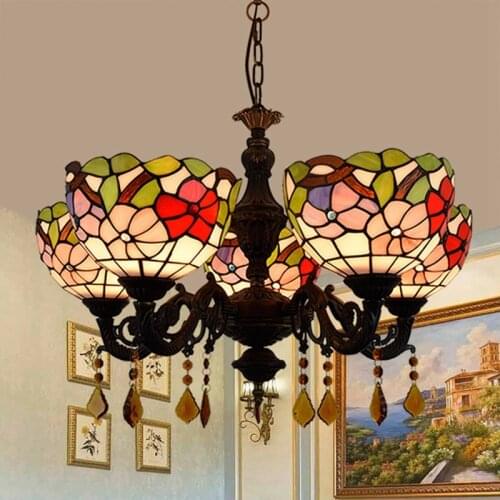 European-Style Creative Tiffany Colored Glass Living Room Dining Room Bedroom Bar Pastoral Red Festive 5-Head Hanging Lamp