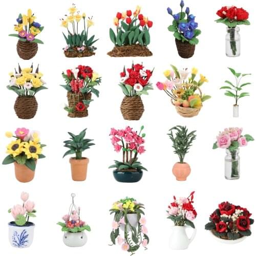 1:12 Doll House Flowers Mini Tree Potted Wall Decoration Flower Miniature Bonsai Garden Balcony Doll House Potted Plants