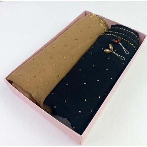 New Arrival Plain Bubble Chiffon Hijab Scarf Shimmer With Crystal Chain Edged Scarf Headband Muslim Hijabs Headscarf Gift Box