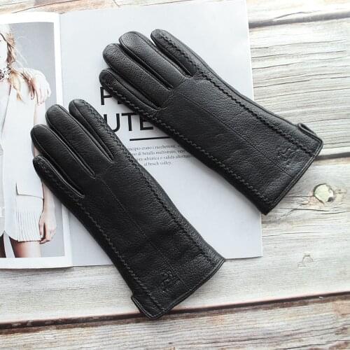 New Womens Black Deerskin Gloves Thick Wool Lining Winter Warm Genuine Leather Gloves Two Styles