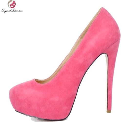 Original Intention Women Pumps Fashion Platform Round Toe Thin Heels Pumps High-quality Pink Shoes Woman Plus Size 4-15