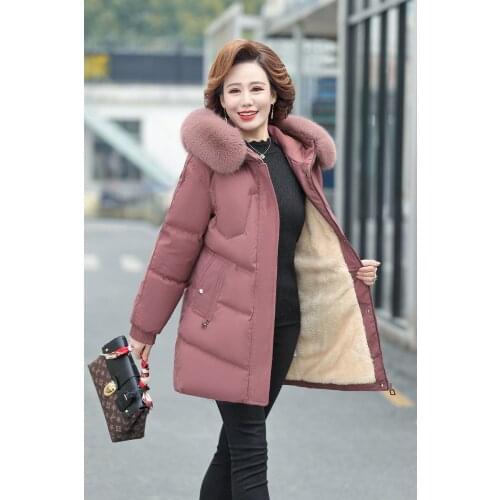 Middle-aged Womens Parkas Faux fur collar Jackets Winter Plus Velvet Lamb Hooded Coats Cotton Jacket Womens Mama Overcoat