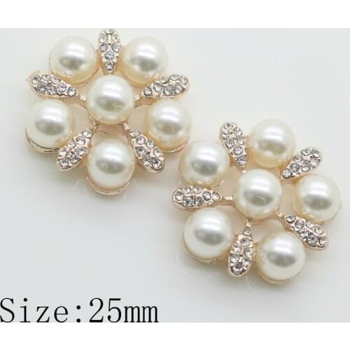 Flat Back 10pc 25mm Round Ivory Pearl Rhinestone Button Golden Wedding Invitations Decorate Hair Flower Center Scrapbooking