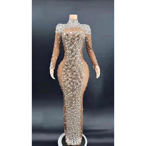 ZD Big Rhinestones Nude Transparent longth Dress Wedding Party Prom Birthday Celebration Crystals Stage Singer Host Mesh Dress