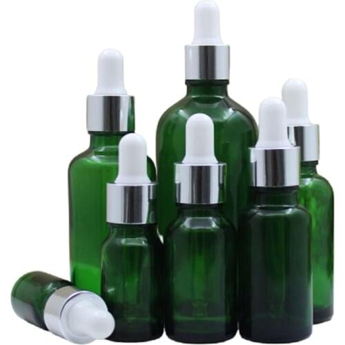 Empty Green Glass Essential Oil Dropper Vials Gold Silver Ring White Top Refillable Packaging Bottle 5ml10ml15ml 30ml 50ml 100ml