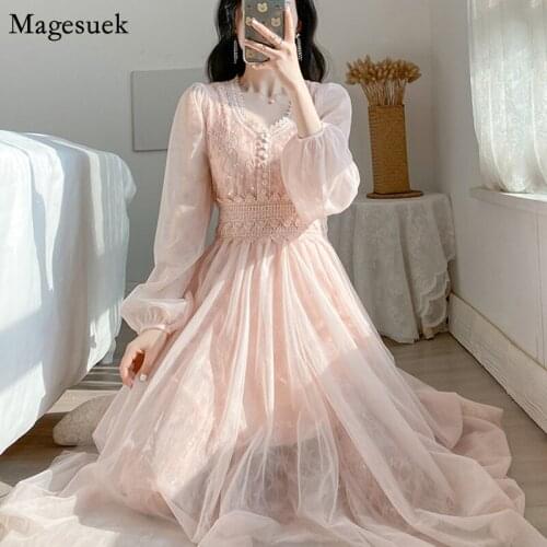 Puff Sleeve Vintage Pink Dress Women Elegant Party Lace Mesh Midi Dress Female New Spring V-neck Ladies Dresses Vestido 12915