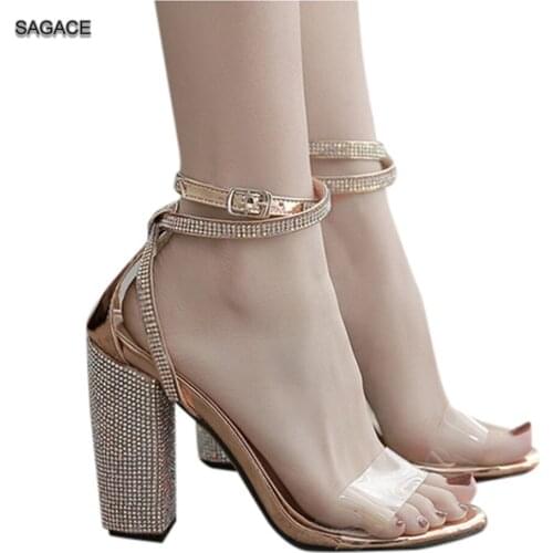 SAGACE Rhinestone Open Toe One Strip Buckle Breathable High Heel Shoes Sandals Fashion Female Slides Summer Shoes Sandalias