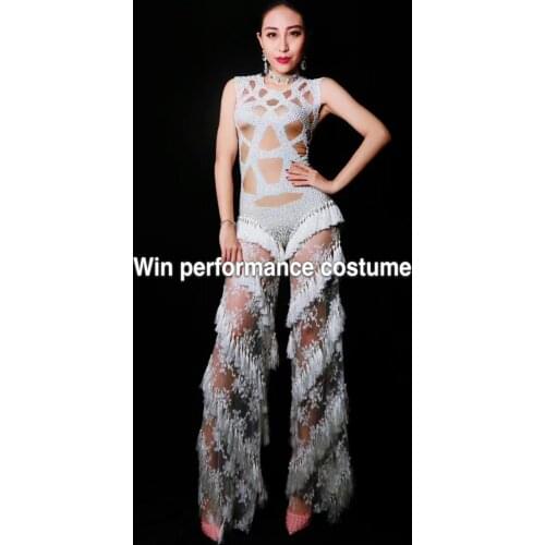 Rhinestones Jumpsuit Leggings Stretch Sexy Costume Women Nightclub Party Wear Dance Bodysuit Fashion Rompers