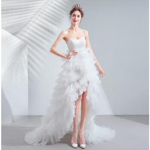 White Hi Lo Wedding Dresses Pleats Tulle Sweep Train Bridal Gowns Sexy Backless