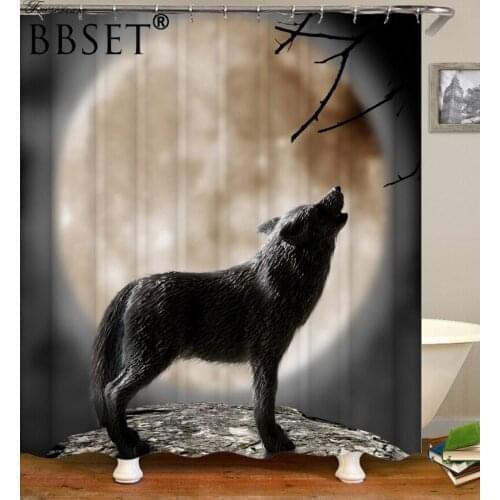 Wolf Shower Curtain Wolf Howling Under The Moon Pattern Waterproof Multi-size Cortina De Bano Bathroom Decor with 12 Hooks