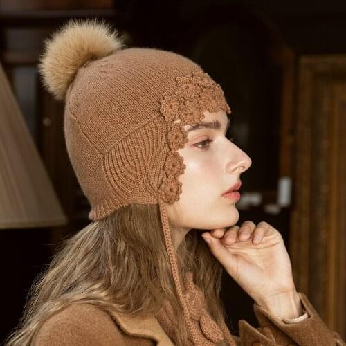 X033 Adult Knitting Hats Winter Cashmere All-match Knitted Hat Sweet Cute Earmuffs Hat Fashion Warm Woolen Cap For Lady