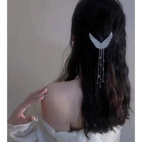 Korean Fashion Full Rhinestone Hair Clips for Women Girls Angel Wings Tassel Hairpin Side Clip Hairgrips Sweet Hair Accessories